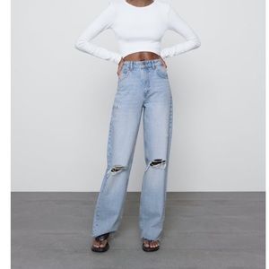 Zara WIDE LEG FULL LENGTH RIPPED JEANS